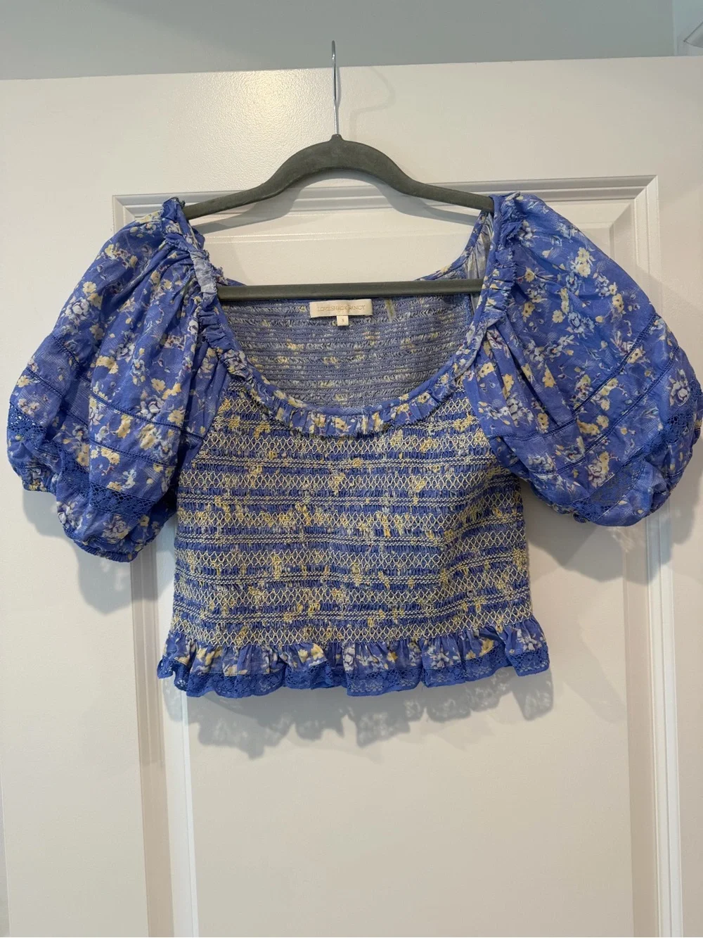 LoveShackFancy Blue Floral Smocked Puff-Sleeve Crop Top